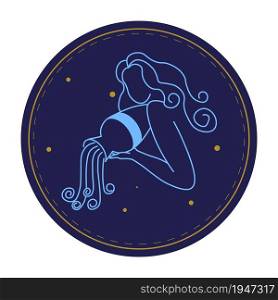 Horoscope symbol in circle isolated aquarius astrological sign of water bearer with jug. Constellation and mythology, esoteric and personal traits of character of people born in winter. Vector in flat. Aquarius astrological sign, horoscope symbols