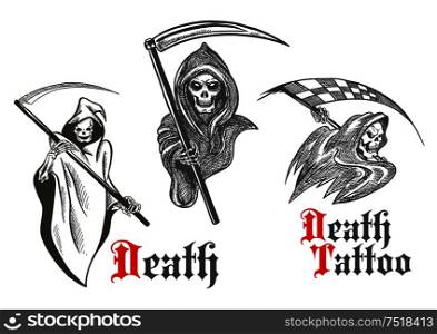 Horrifying grim reapers vintage sketch characters of deathful skeletons wearing hooded coats with scythes in bony hands. Great for death symbol, motorsport mascot or tattoo design. Death tattoo design with sketched grim reapers