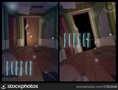 Horror cartoon posters with monster hand scratch door in haunted house. Creepy ghost or zombie enter home. Spooky Halloween game or movie with terrified demon in damaged room, Vector illustration. Horror cartoon posters monster hand scratch door