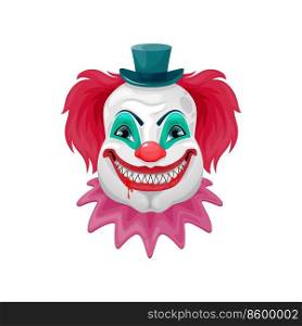 Horror clown isolated cartoon scary circus monster face. Vector Halloween holiday character, evil clown or joker with bloody teeth and crazy smile, red noses and pink hair wigs, small green hat. Scary circus monster face isolated horror clown