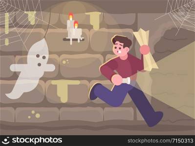 Horror escape room flat vector illustration. Man in basement running from ghost cartoon character. Scared young boy in quest room looking for exit. Thematic logic game. Modern entertainment