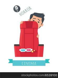 Horror film concept. Frightened man hiding behind chair in cinema flat vector illustration isolated on white background. Cinemaddict on film premiere. Entertainment on 3D attraction. For movie promo . Horror Movie Flat Style Vector Concept. Horror Movie Flat Style Vector Concept