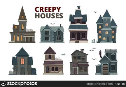 Horror house. Halloween scary gothic village buildings with spooky vector pictures set. House building halloween, horror window and exterior illustration. Horror house. Halloween scary gothic village buildings with spooky vector pictures set