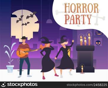 Horror party banner with dancing witches and guitarist. Interior, party, decorations, cartoon characters. Vector illustration can be used for topics like Halloween, night festival, holiday