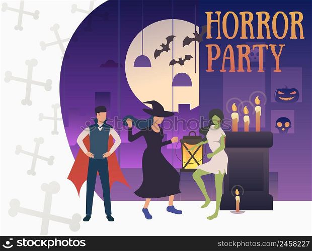 Horror party banner with hilarious monsters. Interior, party, decorations, cartoon characters. Vector illustration for leaflet, poster, banner