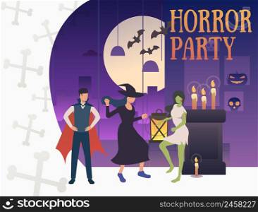 Horror party banner with hilarious monsters. Interior, party, decorations, cartoon characters. Vector illustration for leaflet, poster, banner