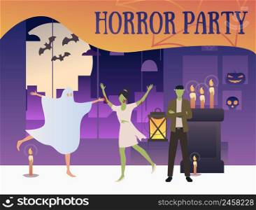 Horror party banner with zombies and ghost. Interior, party, decorations, cartoon characters. Vector illustration for leaflet, poster, banner