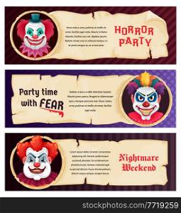 Horror party clown in scary mask of monster, Halloween night vector banners. Nightmare weekend dead zombie party flyers with circus clown and blood teeth, grim skull or evil creepy, face in red wig. Horror party clown, Halloween night fear banners