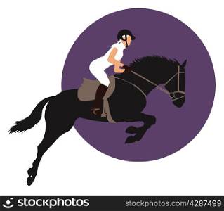 Horse and rider jumping on purple background. Vector EPS10