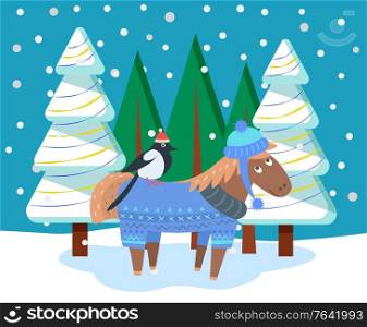 Horse character wearing sweater and hat stand with bird near fir-tree. Winter holiday postcard with snowy Christmas tree and animal. Snow-falling weather outdoor, Xmas postcard with funny toy vector. Postcard of Animal in Snowy Forest, Xmas Vector