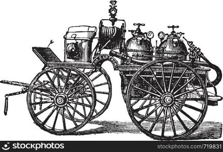 Horse-driven Fire Wagon, vintage engraved illustration. Trousset encyclopedia (1886 - 1891).