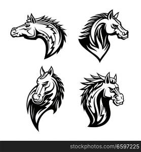 Horse head heraldic icons for royal coat of arms and heraldry signs. Vector line set of equine head with mane for tattoo design, heraldic shield, chess team badge or equestrian sport club. Vector icon of heraldic royal horse head
