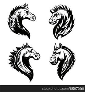 Horse head icons of black tribal animal. Wild mustang stallion or mare with curved neck and ornamental mane for tattoo, horse racing sport mascot or t-shirt print design. Tribal horse heads. Mascot or tattoo