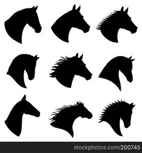 Horse head vector silhouettes. Black silhouette head horse, illustration of head wild stallion. Horse head vector silhouettes