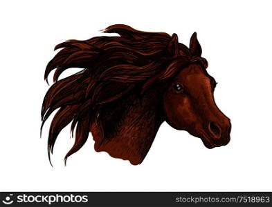 Horse head with wavy mane close-up portrait. Beautiful brown stallion running with wind in mane and shiny eyes. Running horse head close up portrait