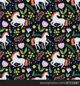 Horse in flowers and berries. Black seamless pattern for sewing clothes and printing on fabric. Ornament.