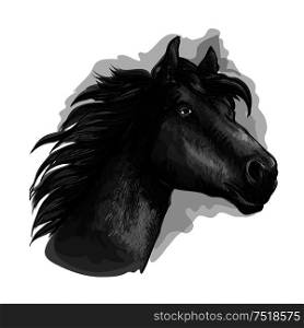 Horse looking ahead. Mustang head and neck portrait. Vector black running free strong stallion. Black horse head sketch portrait