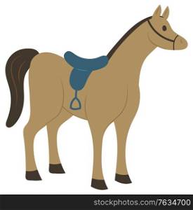 Horse mammal vector, isolated animal with seat for rider. Flat style mane standing and looking at side, stallion strong pet from farm equestrian sports. Horse Animal with Equipment for Equine Sports