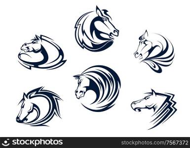 Horse mascots and emblems with stallions, mares and mustangs for equestrian sports or tattoo design