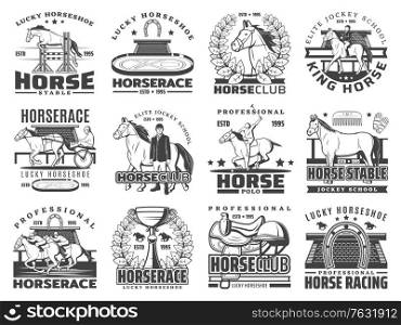 Horse race, polo and equestrian sport club vector icons. Isolated racehorses, jockeys, hippodrome and competition trophy cups, horseshoes, saddle, whip and harness, helmets, mallets and racetrack. Horse race, polo and equestrian sport club icons