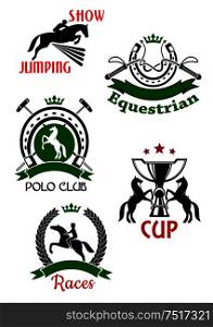 Horse races, show jumping, polo club and equestrian sport competitions symbols of jumping and rearing up horses with riders, trophy cup, dressage whips and mallets framed by horseshoes and laurel wreath with ribbon banners, stars and crowns . Equestrian sport symbols for competitions design