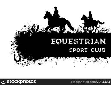 Horse racing and riding, grunge equestrian sport banner, polo club vector poster. Horse races and equine sport rides or jockey tournament, steeplechase racing tournament on hippodrome. Horse racing and riding, grunge equestrian sport