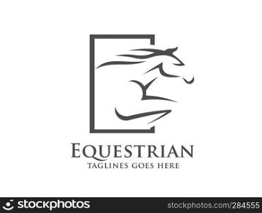 Horse racing logo template. Vector racer or rearing mustang and running stallion head for equine sport races or rides and equestrian contest