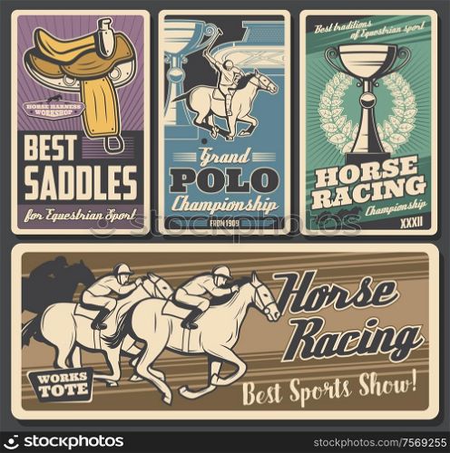 Horse racing, polo. Equestrian sport retro vector cards. Riding club, equestrian sport racehorse. Jockey rider in helmet and hippodrome, saddles and man on mustang, trophy cup with laurel branches. Polo and horse racing, equestrian sport
