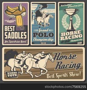 Horse racing, polo. Equestrian sport retro vector cards. Riding club, equestrian sport racehorse. Jockey rider in helmet and hippodrome, saddles and man on mustang, trophy cup with laurel branches. Polo and horse racing, equestrian sport