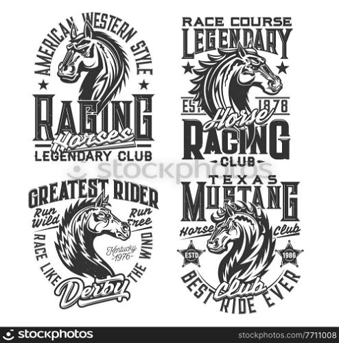 Horse racing sport and equestrian club t-shirt prints. Horse stallion, american mustang mascot head vector. Equestrian sport competition, derby racing course apparel custom print design. Horse ricing sport, equestrian club t-shirt prints