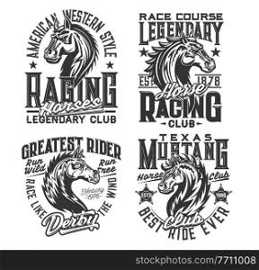 Horse racing sport and equestrian club t-shirt prints. Horse stallion, american mustang mascot head vector. Equestrian sport competition, derby racing course apparel custom print design. Horse ricing sport, equestrian club t-shirt prints