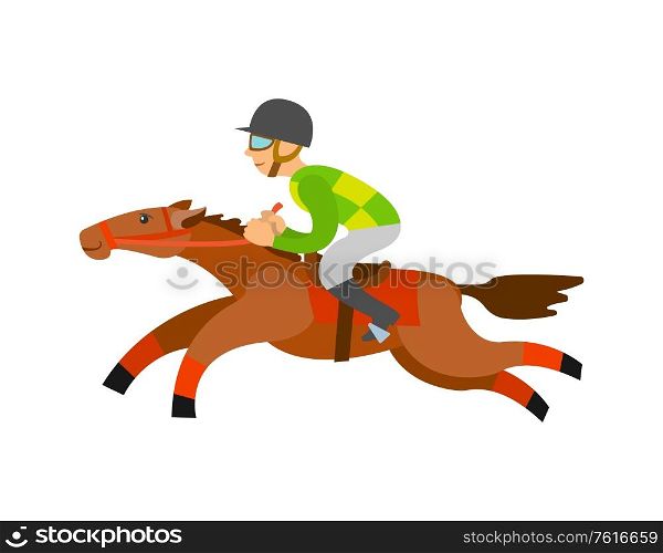 Horse racing sports vector, rider wearing helmet sitting horseback isolated character in dangerous equestrian race. Horserace competition flat style. Horse Racing Rider Equestrian Kind of Sport Vector