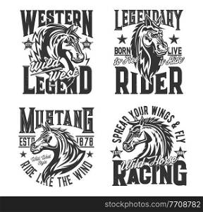 Horse racing t shirt prints, equestrian rides and rodeo club vector icons. Wild mustang stallion heraldic head emblem for equine hippodrome races and polo sport, victory"es for t-shirt print. Horse racing t shirt prints, equestrian rides club