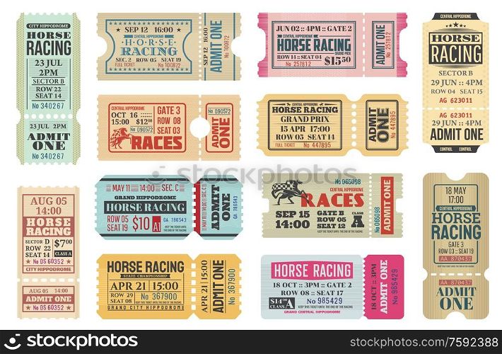 Horse racing ticket vector templates of equestrian sport competition. Hippodrome event admit one cards with race horse animals, jockey riders and racing flags, old paper tickets and invitations design. Horse racing sport tickets, equestrian competition