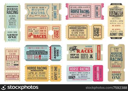 Horse racing ticket vector templates of equestrian sport competition. Hippodrome event admit one cards with race horse animals, jockey riders and racing flags, old paper tickets and invitations design. Horse racing sport tickets, equestrian competition