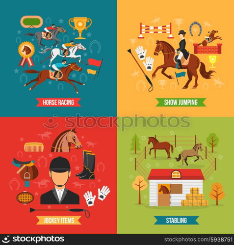 Horse Riding Design Concept Set . Horse riding design concept set with jockey items race and stabling flat vector illustration