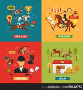 Horse Riding Design Concept Set . Horse riding design concept set with jockey items race and stabling flat vector illustration