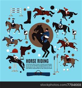 Horse riding flat composition with jockeys, polo players, gear, sport equipment on blue background isolated vector illustration. Horse Riding Flat Composition