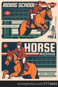 Horse riding, jockey polo school and equine sport training vector retro vintage poster. Horse racing or equestrian rides on hippodrome, jockey polo club, horse races center and steeplechase tournament. Horse racing, jockey school and polo club rides