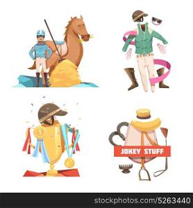 Horse Riding Retro Cartoon Compositions. Horse riding retro cartoon 2x2 design compositions with jockey stuff and champion cup flat vector illustration