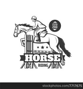 Horse riding school icon. Equestrian club, horse race competition or show jumping event monochrome vector emblem or symbol with jockey on stallion horse racing and jumping over obstacle. Horse riding club, equestrian sport vector icon
