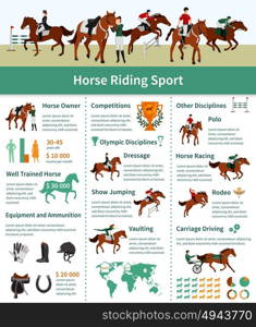 Horse Rising Infographics. Horse rising infographics flat layout with rodeo carriage driving dressage vaulting advertising vector illustration