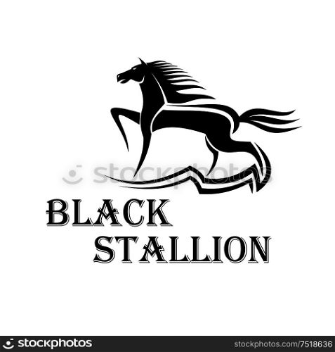 Horse show icon for dressage and show jumping sporting competition design usage with purebred stallion performing a working trot at arena. Horse show symbol with purebred stallion at a trot