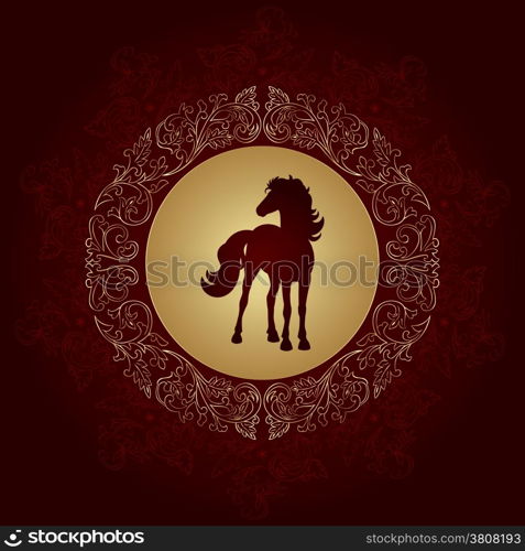 Horse silhouette on vintage floral background, vector illustration