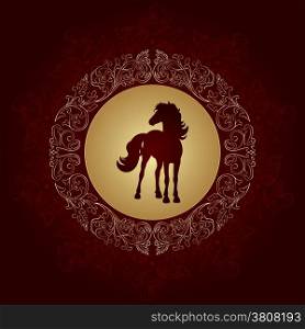 Horse silhouette on vintage floral background, vector illustration