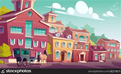 Horse sta≥coach stand on empty antique street with colorful low-rise buildings, retro carria≥vehic≤parked≠ar sto≠house in eastern town. Historical fairy ta≤sce≠Cartoon vector illustration. Horse sta≥coach stand on empty antique street