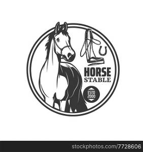 Horse stable icon for equestrian riding hippodrome and equine sport, vector emblem. Horse mustang or stallion with harness and horseshoe sign for stables or steeplechase races and jockey polo club. Horse stable icon, equestrian riding