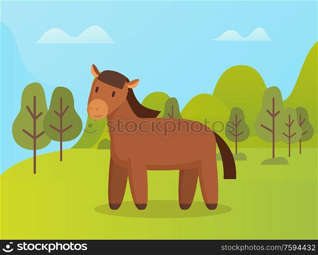 Horse standing on grass neat trees, wildlife and landscape, cloudy sky. Portrait view of brown animal with mane and tail in park or forest, nature vector. Brown Wild Animal, Horse near Green Trees Vector