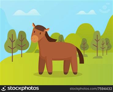Horse standing on grass neat trees, wildlife and landscape, cloudy sky. Portrait view of brown animal with mane and tail in park or forest, nature vector. Brown Wild Animal, Horse near Green Trees Vector