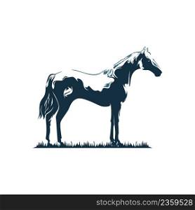 Horse Standing on Grass Side View Animal Farm Wildlife Silhouette Engraving Style